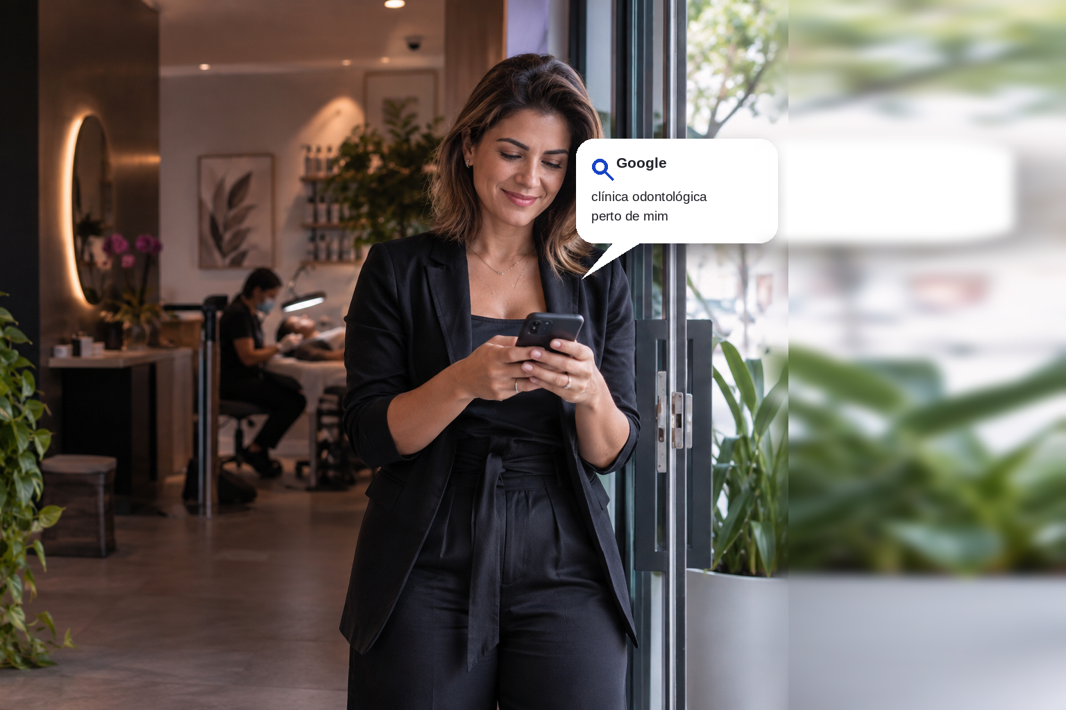 Empreendedora consultando o celular em seu espaço de atendimento
