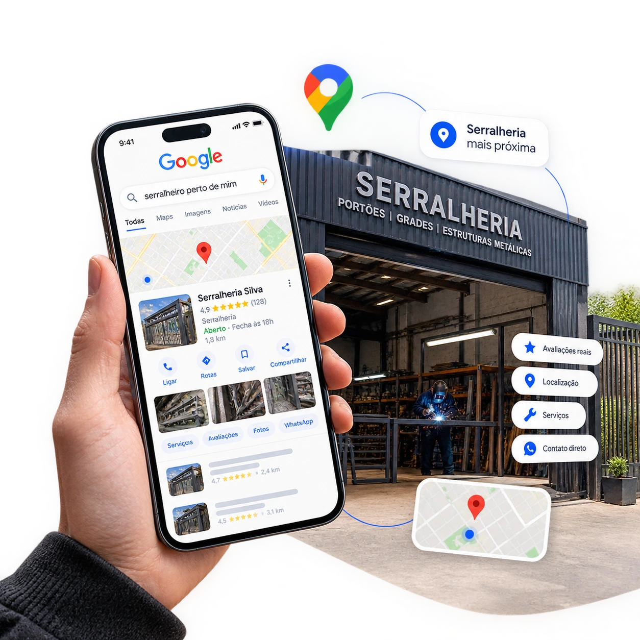 Cliente pesquisando serralheria perto de mim no Google, com o perfil da empresa aparecendo na busca e no Maps