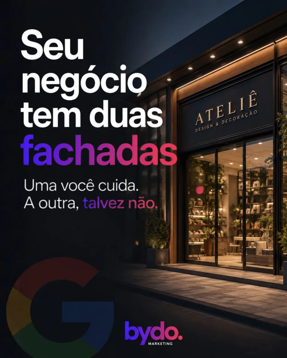 Comparação entre duas fachadas de negócios representando a disputa por posição no mapa
