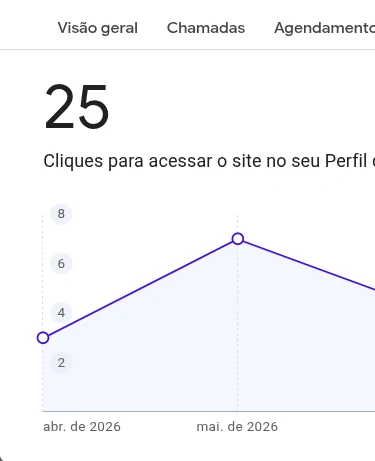 Painel de insights do Google mostrando 25 cliques para acessar o site a partir do perfil.