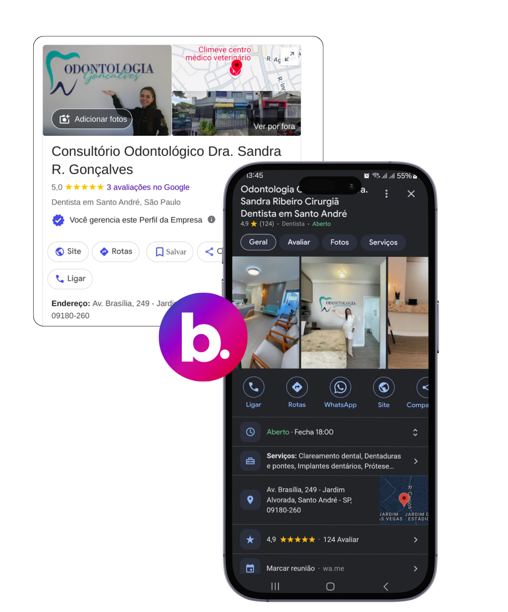 Composição antes e depois do perfil da Odontologia Gonçalves no Google, mostrando a evolução da apresentação
