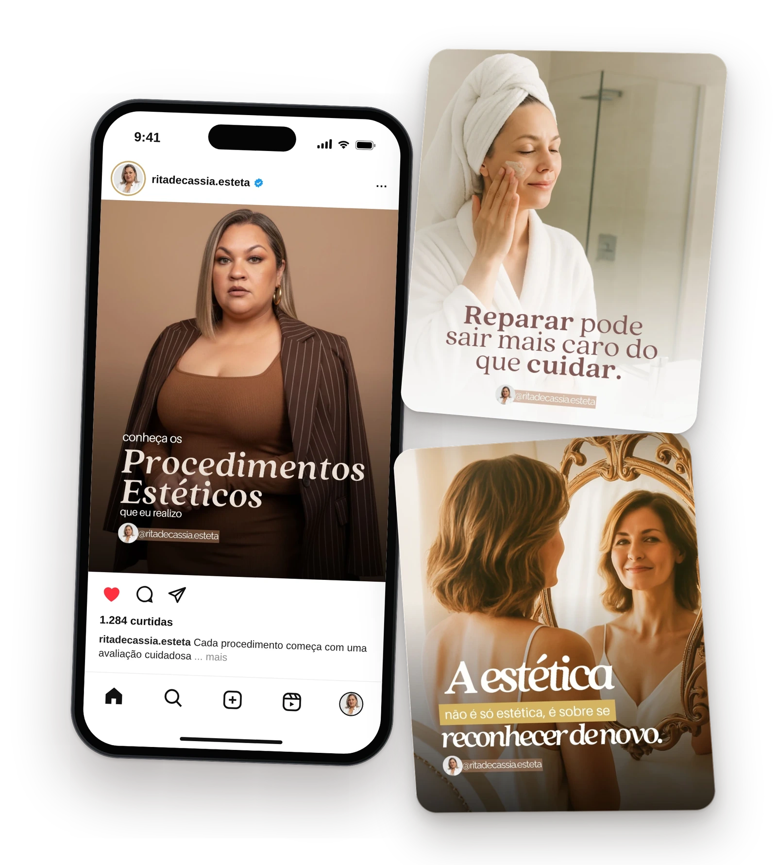 Mockup de carrossel de Instagram mostrando publicações criadas pela Bydo para a cliente Rita de Cássia